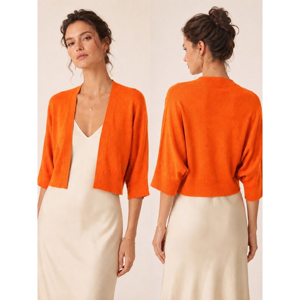 Silk Cotton Cashmere Cardigan Womens Orange Excellent Cropped Open Front Shrug